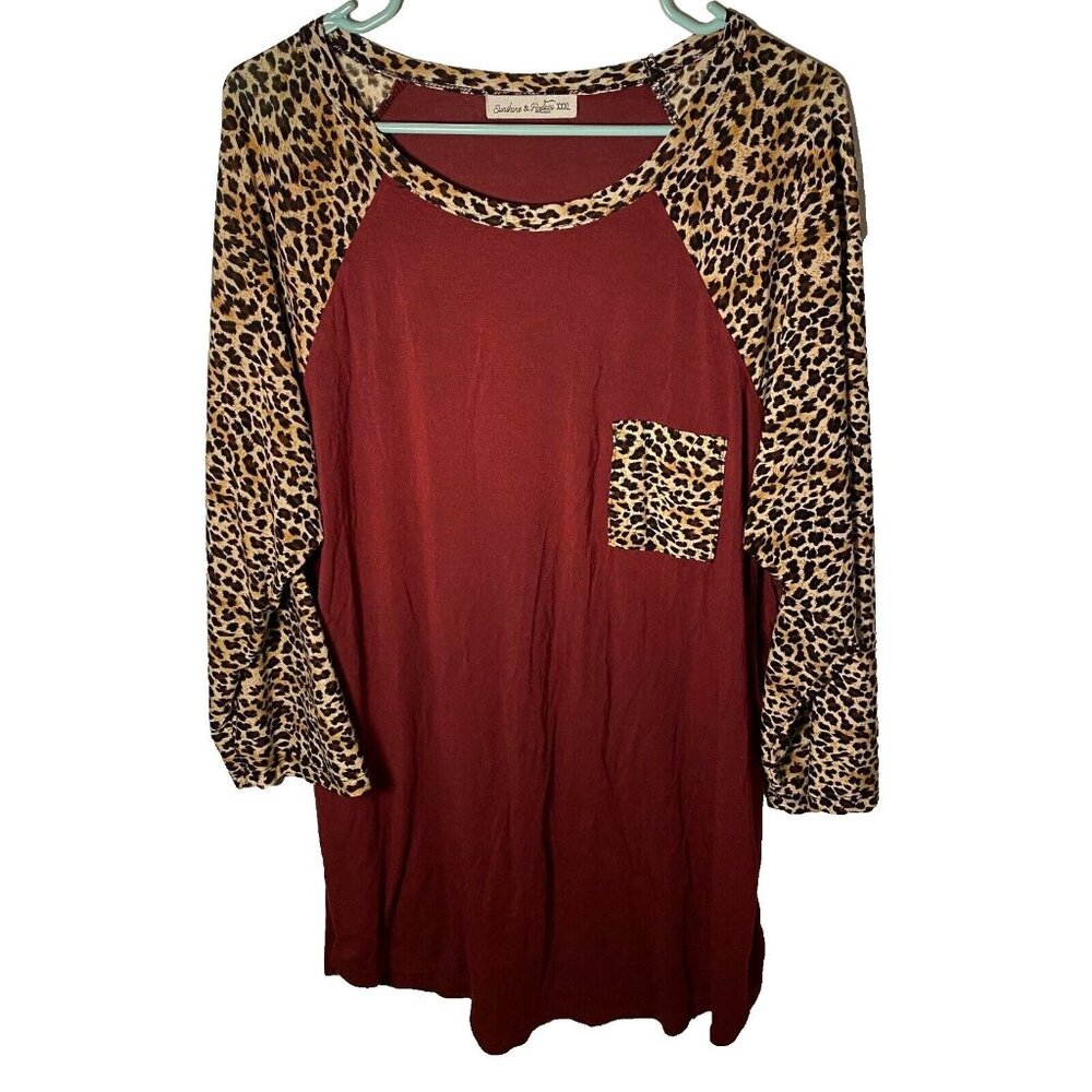 Sunshine & Rodeos Women's Top Red Brown Animal‎ Print Round Neck Size 3XL